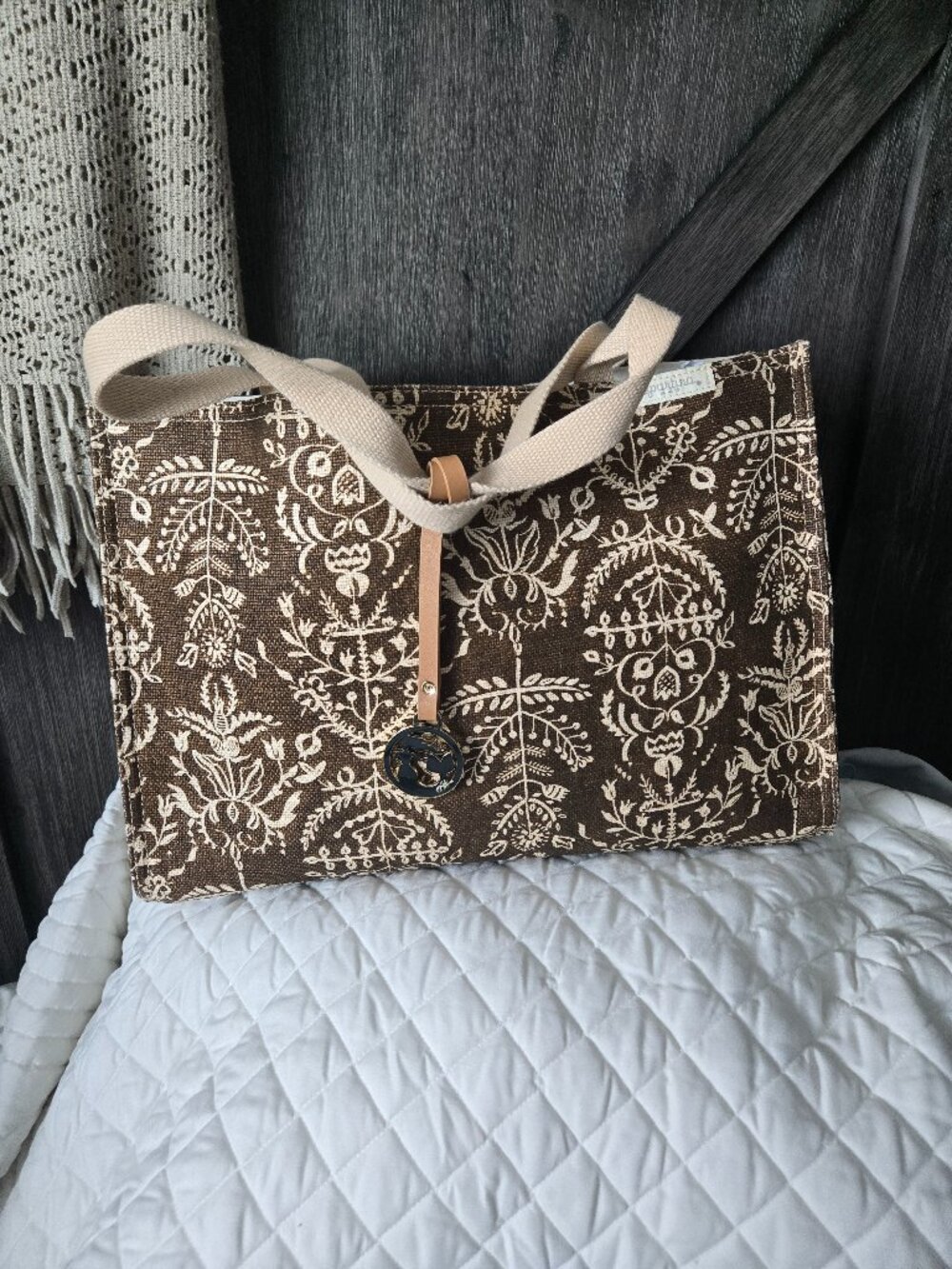 Spartina 449 Brown Cream Printed Large Tote Bag